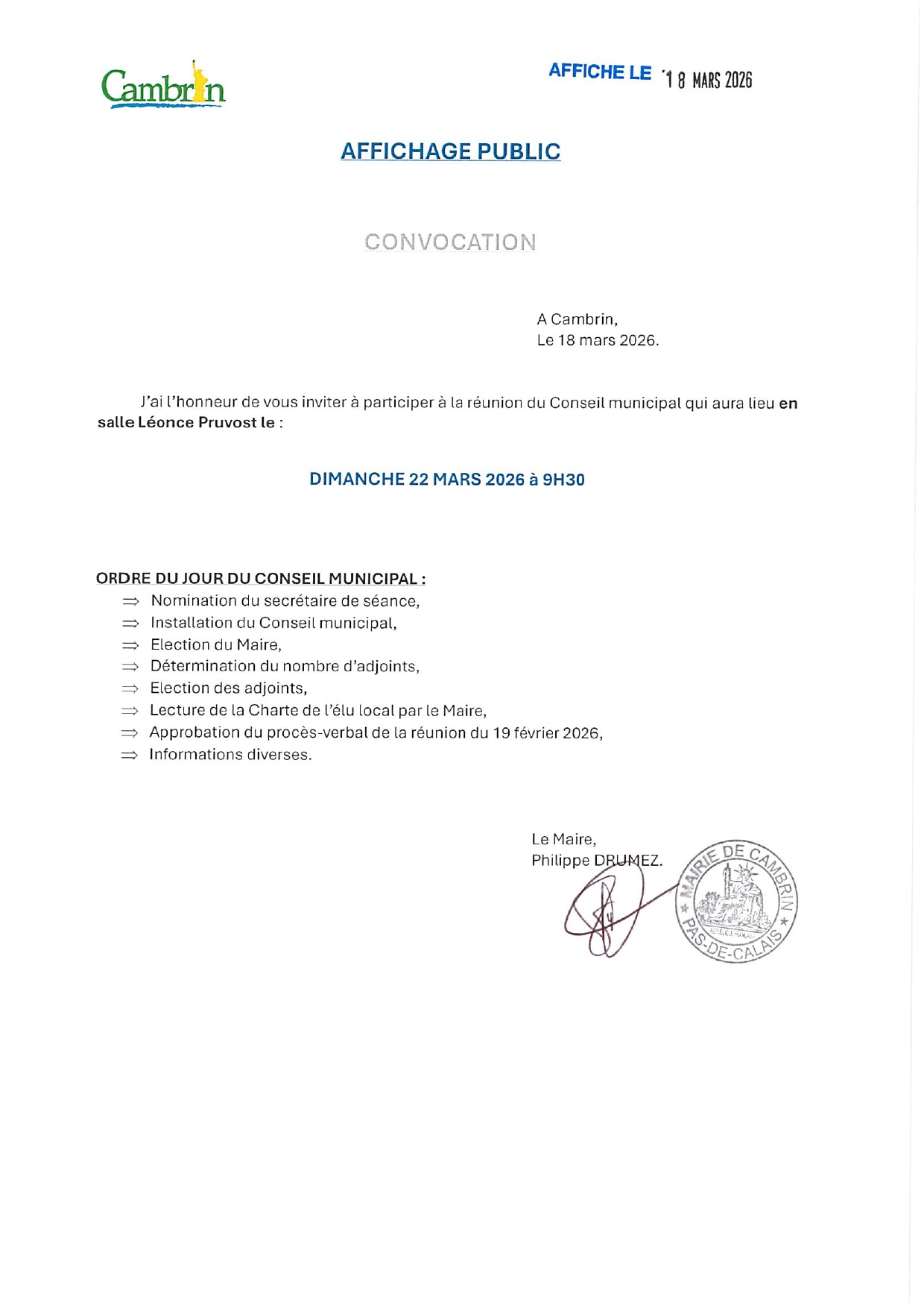 Installation du Conseil municipal, élection du Maire et de ses adjoints