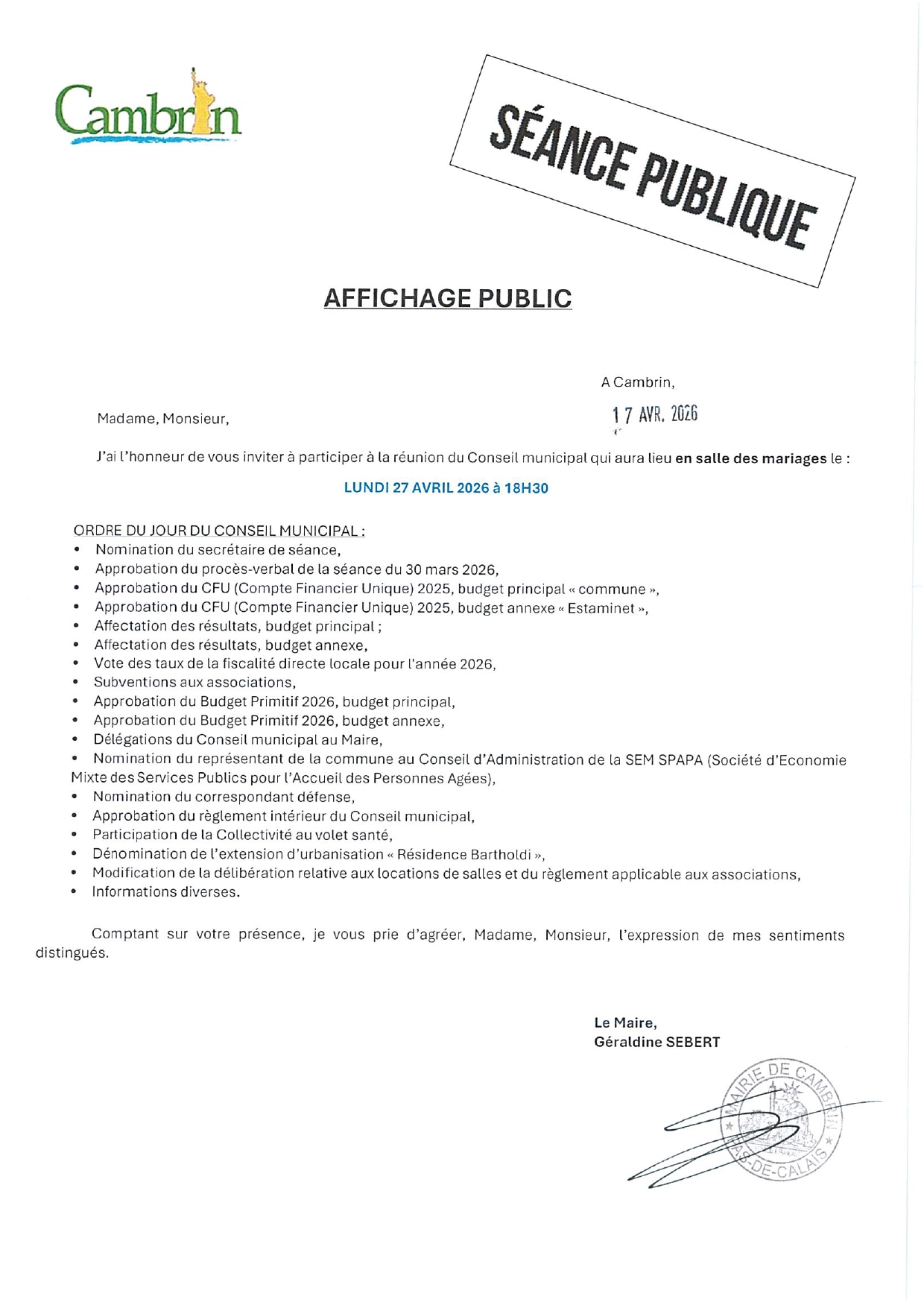 Séance publique du Conseil municipal