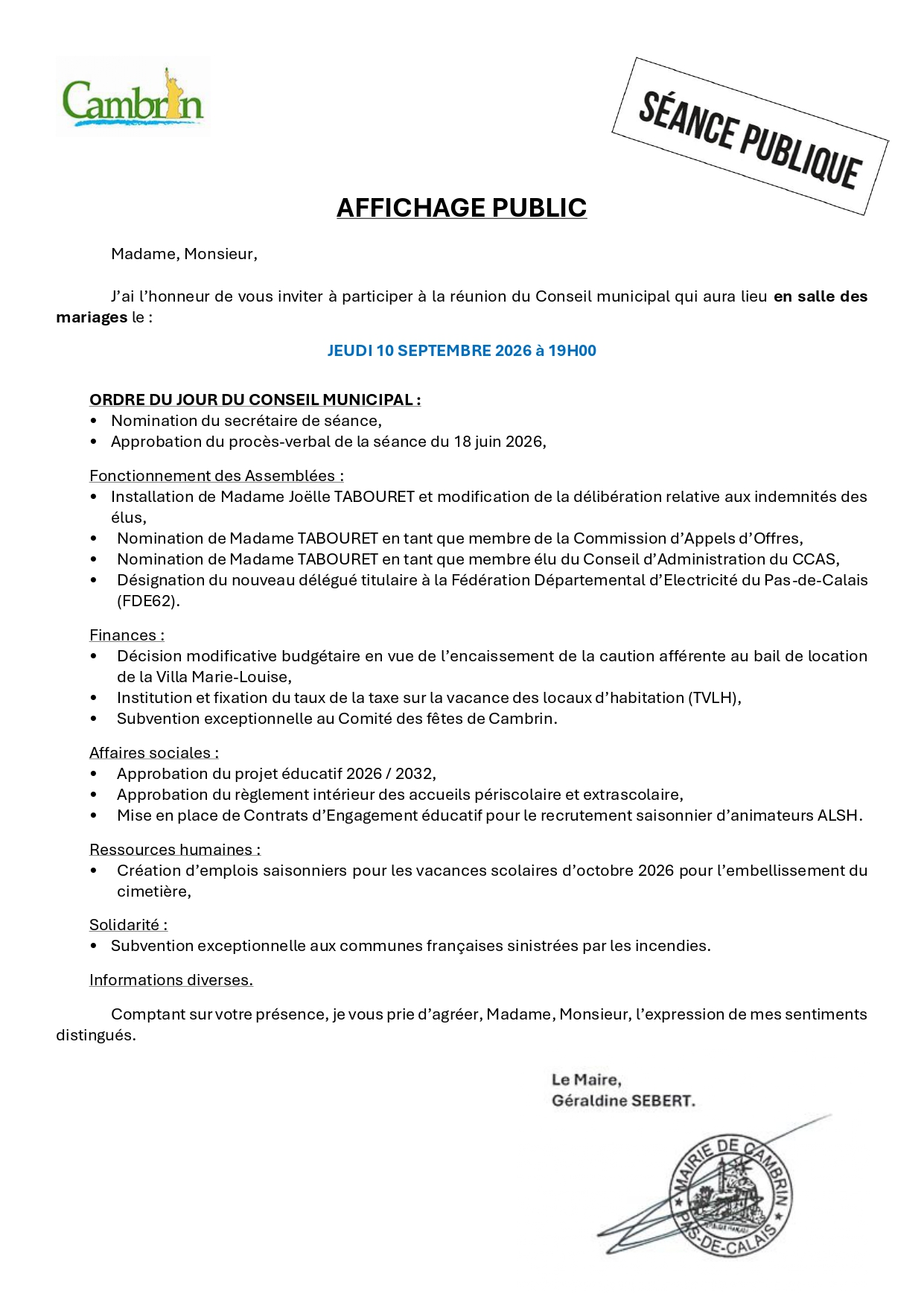 Séance du conseil municipal, jeudi 10 septembre à 19h